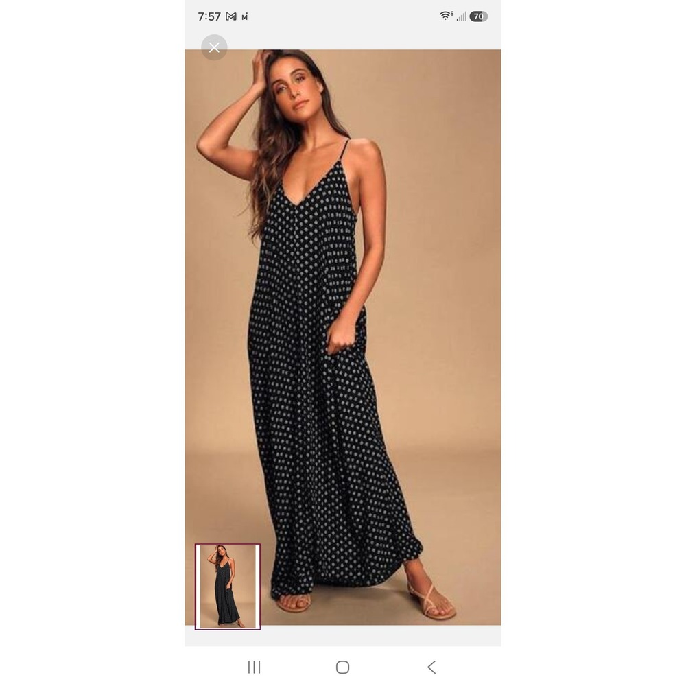 Lulus Black Floral Medallion V-Neck Maxi Dress Spaghetti Strap Pockets M/L NEW - Picture 2 of 6